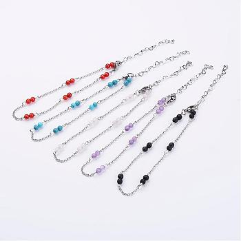 304 Stainless Steel Chain Anklets, with Mixed Stone Beads, 9-1/4 inch(235mm)