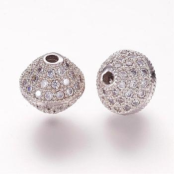 Brass Micro Pave Cubic Zirconia Beads, Bicone, Clear, Platinum, 10x10mm, Hole: 2mm
