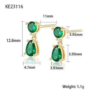 Cubic Zirconia Teardrop Dangle Stud Earrings, Golden 925 Sterling Silver Earrings, Green, 12.8x3.93~4.7mm