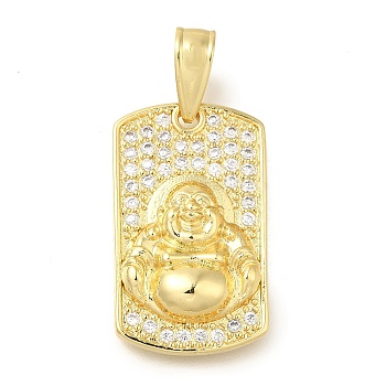 Brass Micro Pave Cubic Zirconia Pendants, Lead Free & Cadmium Free, Long-Lasting Plated, Rectangle with Buddha Charms, Real 18K Gold Plated, 26x16.5x5mm, Hole: 9x4.5mm