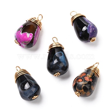 Real 18K Gold Plated Teardrop Fire Crackle Agate Pendants