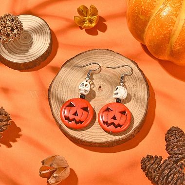 Synthetic Turquoise Pumpkin & Skull Dangle Earrings(EJEW-TA00240)-2