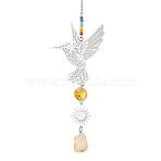 201 Stainless Steel Bird Suncatcher, Chakra Rainbow Glass Bead & Natural Citrine Hanging Decor for Window, 270x60x13mm(HJEW-JM04875-01)
