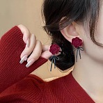 French Vintage Velvet Alloy Rose Dangle Stud Earrings, Black, Dark Red, 47x20mm(FS-WGD8096-01)