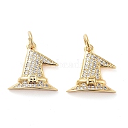 Rack Plating Brass Micro Pave Clear Grade AAA Cubic Zirconia Pendants, with Jump Ring, Long-Lasting Plated, Cadmium Free & Lead Free, Witch Hat Charms, Real 18K Gold Plated, 14x14x3mm, Hole: 2.2mm(KK-M280-06G)