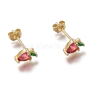 Brass Stud Earrings, with Cubic Zirconia and Ear Nuts, Apple, Cerise, Golden, 8x5.5mm, Pin: 0.7mm(ZIRC-I051-05G)