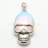 Personalized Retro Halloween Skull Jewelry Bezel Opalite Pendants, with Antique Silver Plated Alloy Findings, 43x23x12mm, Hole: 5x4mm(G-M038-01B)
