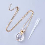Natural Quartz Crystal Openable Perfume Bottle Pendant Necklaces, with 304 Stainless Steel Cable Chain and Plastic Dropper, Bottle, Size: about 34~40 long, 15~20mm wide(NJEW-G325-04G)