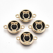Glass Links connectors, with Light Gold Plated Alloy Findings, Flat Round with Owl, Black, 13.5x19.5x5.5mm, Hole: 1.6mm(X-GLAA-T015-06A)