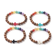 Gemstone & Natural Rosewood Beaded Stretch Bracelet for Women, Cross Bracelet, Mixed Color, 3/8 inch(0.85cm), Inner Diameter: 2-1/8 inch(5.5cm)(BJEW-JB09294)