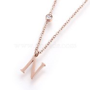 304 Stainless Steel Initial Pendant Necklaces, with Glass Rhinestone, Crystal, Rose Gold, Letter.N, 16.1~16.5 inch(41~42cm), Pendant: 11x5~8.5x1mm(NJEW-G321-04RG-N)