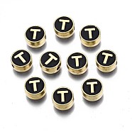 Alloy Enamel Beads, Cadmium Free & Lead Free, Light Gold, Flat Round with Alphabet, Black, Letter.T, 8x4mm, Hole: 1.5mm(ENAM-N052-006-02T-RS)