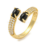 Oval Rack Plating Brass Micro Pave Cubic Zirconia Cuff Rings for Women, Cadmium Free & Lead Free, Long-Lasting Plated, Real 18K Gold Plated, Black, US Size 7 1/4(17.5mm)(RJEW-F162-06G-01)