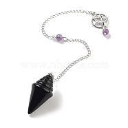 Natural Obsidian Pointed Dowsing Pendulums, with Rack Plating Brass Findings, Cone, 245mm(G-K338-13P-04)