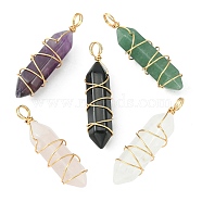 Natural Mixed Gemstone Copper Wire Wrapped Pointed Pendants, Faceted Bullet Charms, Real 18K Gold Plated, 35.5~38.5x9~10x10~11mm, Hole: 4mm(PALLOY-JF02113)