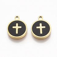 304 Stainless Steel Charms, with Black Acrylic, Flat Round with Cross, Golden, 12x10x1.5mm, Hole: 1.2mm(STAS-S079-127G)