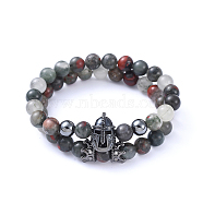 Natural Bloodstone Stretch Beaded Bracelets Sets, with Non-Magnetic Synthetic Hematite Beads, Brass Micro Pave Cubic Zirconia Beads, Gladiator Helmet & Crown, Inner Diameter: 2-1/8 inch(5.5cm), 2pcs/set(BJEW-JB05173-04)