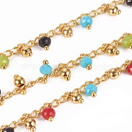 Handmade Glass Beaded Chains, with Brass Curb Chains, Long-Lasting Plated, with Spool, Soldered, Faceted, Rondelle, Golden, Mixed Color, 1.5mm, about 32.8 Feet(10m)/roll(CHC-E018-C07)