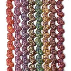 Painted Glass Beads Strands, Golden Metal Enlaced, Owl, Mixed Color, 18~18.5x14~15x7~7.5mm, Hole: 1.2mm, about 25pcs/strand, 16.53~17.32inch(42~44cm)(GLAA-Z021-08)