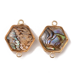 Natural Abalone Shell/Paua Shell Connector Charms, with Golden Tone Brass Findings, Hexagon, 17x13.5x4.5mm, Hole: 1.6mm(KK-WH0031-05B)