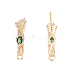 Brass Micro Pave Cubic Zirconia Stud Earring Findings, with Horizontal Loops, Nickel Free, Bamboo Stick, Real 18K Gold Plated, Green, 16x4.5mm, Hole: 1.2mm, Pin: 0.8mm(KK-T062-247G-01)