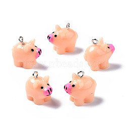 Opaque Resin Pendants, with Platinum Tone Iron Loop, 3D Pig, Light Salmon, 18~19x19x12mm, Hole: 2mm(RESI-S356-064)