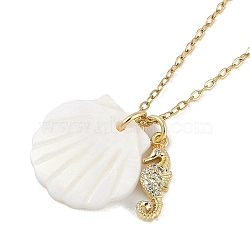 Summer Beach Brass Cubic Zirconia Sea Animal Pendant Necklaces for Women, Shell Pendant Necklaces, Real 18K Gold Plated, Sea Horse, 15.94 inch(40.5cm), pendant: 16x5.5x2.5mm(NJEW-B118-03G-06)