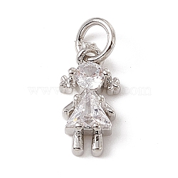 Brass Micro Pave Cubic Zirconia Charms, with Jump Rings, Girl Charms, Platinum, 12x7x3mm, Hole: 3.4mm(ZIRC-F132-22P)