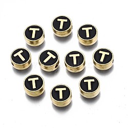 Alloy Enamel Beads, Cadmium Free & Lead Free, Light Gold, Flat Round with Alphabet, Black, Letter.T, 8x4mm, Hole: 1.5mm(ENAM-N052-006-02T-RS)