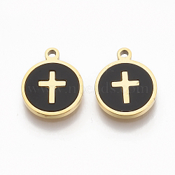 304 Stainless Steel Charms, with Black Acrylic, Flat Round with Cross, Golden, 12x10x1.5mm, Hole: 1.2mm(STAS-S079-127G)