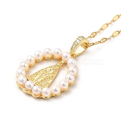 Resin Pearl Beaded Saint Pendant Necklace with Cubic Zirconia, Brass Jewelry for Women, Golden, 15.75 inch(40cm)(NJEW-F299-03G)