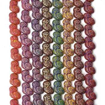 Painted Glass Beads Strands, Golden Metal Enlaced, Owl, Mixed Color, 18~18.5x14~15x7~7.5mm, Hole: 1.2mm, about 25pcs/strand, 16.53~17.32inch(42~44cm)
