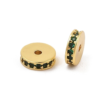 Rack Plating Brass Micro Pave Cubic Zirconia Beads, Long-Lasting Plated, Lead Free & Cadmium Free, Flat Round/Disc, Real 18K Gold Plated, Green, 8x2.3mm, Hole: 1.2mm