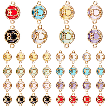 32Pcs 8 Colors Glass Connector Charms, with Light Gold Plated Alloy Findings, Flat Round with Owl, Mixed Color, 13.5x19.5x5.5mm, Hole: 1.6mm, 4pcs/color