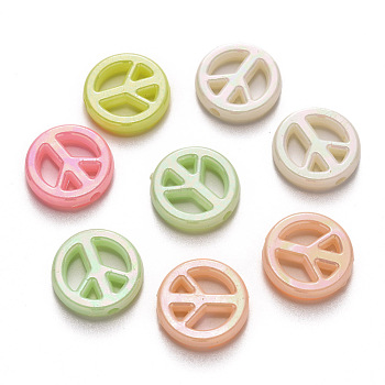 Opaque Acrylic Beads, AB Color Plated, Flat Round, Peace Sign, Mixed Color, 16x3.5mm, Hole: 2mm, about 1080pcs/500g
