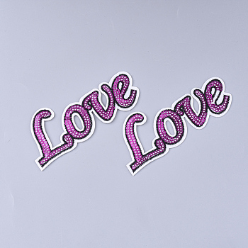 Computerized Embroidery Cloth Iron on/Sew on Patches, with Paillette/Sequins, Appliques, Costume Accessories, Word Love, Camellia, 44x105x1.5mm