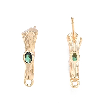 Brass Micro Pave Cubic Zirconia Stud Earring Findings, with Horizontal Loops, Nickel Free, Bamboo Stick, Real 18K Gold Plated, Green, 16x4.5mm, Hole: 1.2mm, Pin: 0.8mm