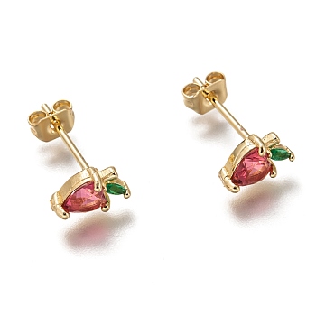 Brass Stud Earrings, with Cubic Zirconia and Ear Nuts, Apple, Cerise, Golden, 8x5.5mm, Pin: 0.7mm