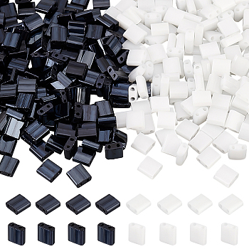 Elite 300Pcs 2 Colors 2-Hole Opaque Glass Seed Beads, Rectangle, Black and White, 5x4.5~5.5x2~2.5mm, Hole: 0.5~0.8mm, 150Pcs/color