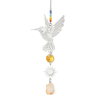 201 Stainless Steel Bird Suncatcher, Chakra Rainbow Glass Bead & Natural Citrine Hanging Decor for Window, 270x60x13mm