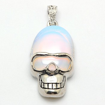 Personalized Retro Halloween Skull Jewelry Bezel Opalite Pendants, with Antique Silver Plated Alloy Findings, 43x23x12mm, Hole: 5x4mm