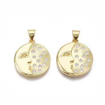 Brass Micro Pave Clear Cubic Zirconia Pendants, Nickel Free, Flat Round with Abstract Face, Real 18K Gold Plated, 20.5x18x3mm, Hole: 3.5mm