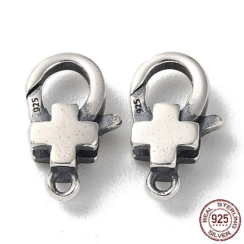 925 Thailand Sterling Silver Lobster Claw Clasps, Cross, with 925 Stamp, Antique Silver, 12.5x7.5x3.5mm, Hole: 1.2mm