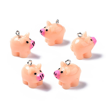 Opaque Resin Pendants, with Platinum Tone Iron Loop, 3D Pig, Light Salmon, 18~19x19x12mm, Hole: 2mm