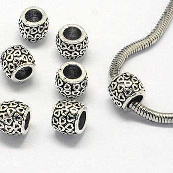 Tibetan Style Alloy Beads, Large Hole Beads, Drum, Antique Silver, 10x8mm, Hole: 5.5mm