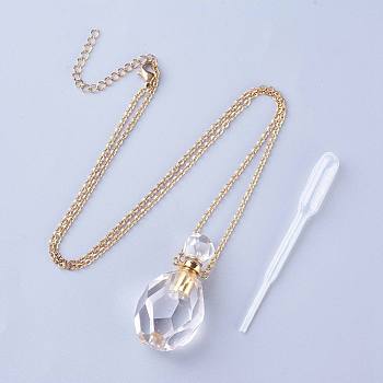 Natural Quartz Crystal Openable Perfume Bottle Pendant Necklaces, with 304 Stainless Steel Cable Chain and Plastic Dropper, Bottle, Size: about 34~40 long, 15~20mm wide