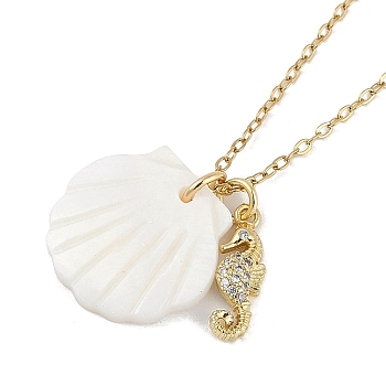 Summer Beach Brass Cubic Zirconia Sea Animal Pendant Necklaces for Women, Shell Pendant Necklaces, Real 18K Gold Plated, Sea Horse, 15.94 inch(40.5cm), pendant: 16x5.5x2.5mm