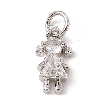 Brass Micro Pave Cubic Zirconia Charms, with Jump Rings, Girl Charms, Platinum, 12x7x3mm, Hole: 3.4mm