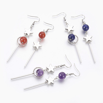 Natural Gemstone Dangle Earrings, with Alloy Star Beads and 304 Stainless Steel Findings, 84~88mm, Pendant: 64~68mm, Pin: 0.6mm