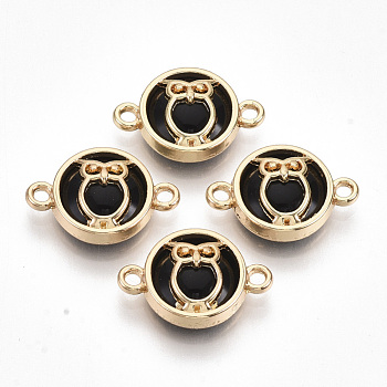 Glass Links connectors, with Light Gold Plated Alloy Findings, Flat Round with Owl, Black, 13.5x19.5x5.5mm, Hole: 1.6mm